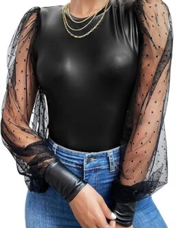 WDIRARA Women’s PU Leather Polka Dots Sheer Mesh Puff Long Sleeve Slim Party Top Blouse