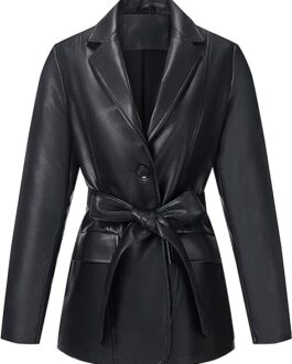RISISSIDA Women Faux Leather Blazer Jacket Spring and Fall Fashion, Soft Casual Stylish Vegan Leather Coat Belted