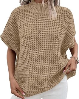 ANRABESS Women’s Oversized Short Batwing Sleeve Mock Neck Sweater Vest 2024 Summer Sleeveless Sweaters Knit Pullover Tops