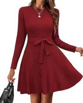 HOTOUCH Women’s Long Sleeve Sweater Dress Crewneck A-Line Swing Casual Dress Bodycon Ribbed Knit Dresses with Belt