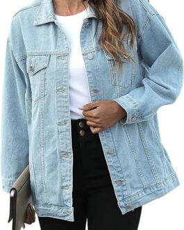 PUWEI Women’s Oversized Denim Jacket Distressed Lapel Button Up Long Sleeve Jean Jacket with Pockets