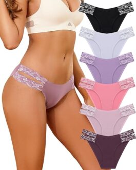 FINETOO Seamless Underwear for Women Cheeky Bikini Panties High Cut V-waist Lace Underwear Women Cute Bikinis 6 Pack