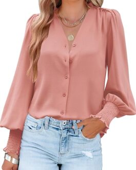Aifer Womens Blouse Lantern Long Sleeve Dressy Casual Tops V Neck Button Down Shirts Blouses 2024