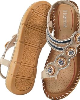 HARENCE Sandals for Women Flats Shoes: Comfortable Dressy Summer Flat Elastic Ankle Strap Bohemian Beaded Slip on Beach Sandals