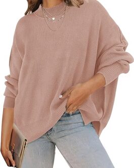 ZESICA Women’s 2024 Fall Casual Long Sleeve Crew Neck Side Slit Oversized Ribbed Knit Pullover Sweater Tops
