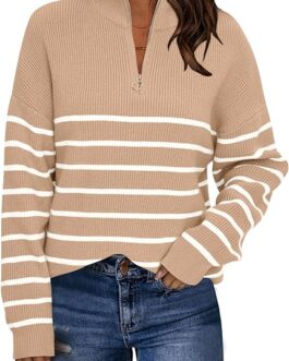 LILLUSORY Women’s Quarter Zip Striped Oversized Collar Pullover Sweater Knit Warm Clothes for Winter 2023 Trendy