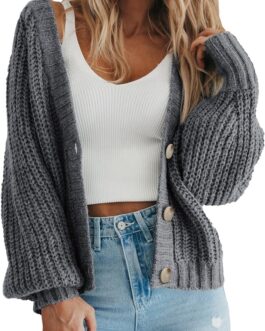 PRETTYGARDEN Women’s Chunky Knit Open Front Sweater Long Sleeve Button Loose Short Cardigan Outerwear Coats