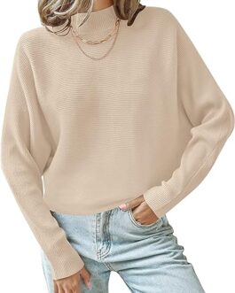 ZESICA Women’s 2024 Fall Turtleneck Batwing Long Sleeve Ribbed Knit Casual Soft Pullover Sweater Jumper Top
