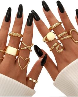FAXHION 12PCS Gold Stackable Rings Set for Women, 18K Gold Plated Open Stacking Knuckle Ring, Adjustable Chunky Signet Rings for Gift