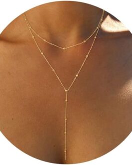 Foxgirl Lariat Gold Necklace for Women, Dainty Long Necklace 14k Gold Plated/Silver Y-Shaped Pendant Necklace Trendy Layered Cz Beaded Chain Drop Necklaces Simple Gold Jewelry For Women Girls Gift