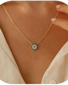 Evil Eye Necklace for Women, 14K Gold Plated Delicate Jewelry Evil Eye Necklace Blue White CZ Diamond Eye Pendant Necklace Cute Boho Tiny Evil Eye Lucky Protection Jewelry Gift for Women Girls