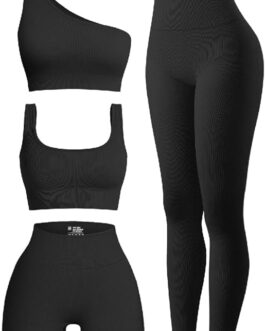 OQQ Women’s 4 Piece Outfits Ribbed Exercise Scoop Neck Sports Bra One Shoulder Tops High Waist Shorts Leggings Active Set