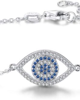 Blue Evil Eyes Link Bracelet Sterling Silver 925 Cubic Zirconia Chain Adjustable 6.7″ 7″ 7.5″