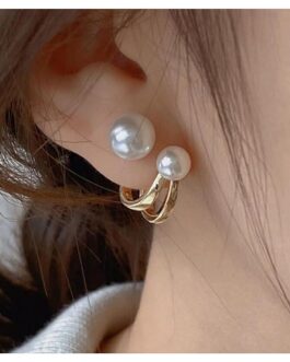 Vintage Pearl Ear Jacket Earrings Double Pearl Stud Earrings Pearl Claw Huggie Hoop Earring Gold Front Back Earrings Jewelry for Women and Girls