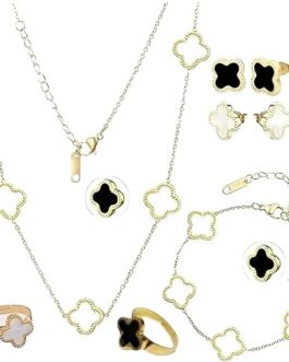 (Set 6 PCS) Four Leaf Lucky Clover Jewelry Set, Minimalist Creative Plant Flower Design Four leaf clover 18K Gold Plated Stainless Steel Pendant Necklace Earrings Bracelet Jewelry Set 2 sided black and white