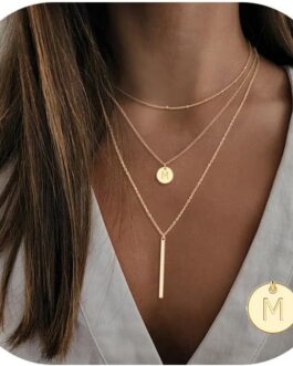 Gold Initial Layered Necklaces for Women, 14K Gold Plated Coin Letter Necklace Skinny Bar Stacking Necklace Coin Necklace Layer Necklace Multi Bar Layering Gold Choker Necklaces Jewelry for Women