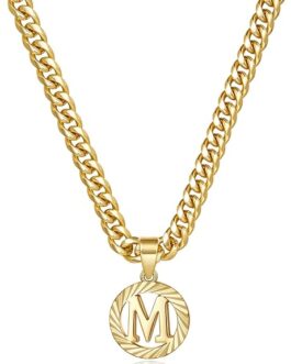 KissYan Gold Initial Necklace,14K Gold Plated Round Letter Pendant Hollow Capital Monogram 5mm Cuban Chain Necklace Alhpabets from A-Z Dainty Jewelry for Women Men Girls