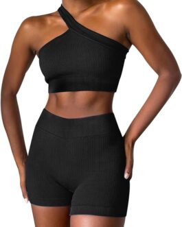 OLCHEE Womens Workout Sets 2 Piece – Seamless Ribbed Gym Outfits Short Sleeve Crop Top and Biker Shorts Matching Yoga Clothes