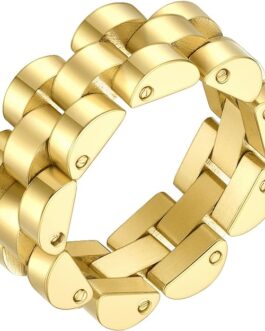 Statement Watchband Chain Finger Ring Stainless Steel 18K Gold Plated Rings for Women Girls Size 6/7/8