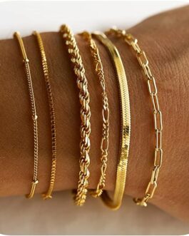 DEARMAY Gold Bracelets for Women Waterproof, 14K Real Gold Jewelry Sets for Women Trendy Thin Dainty Stackable Cuban Link Paperclip Chain Bracelet Pack Fashion Accessories Gifts for Women Girls