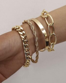 fxmimior Dainty Boho Gold Silver Chain Bracelets Set for Women Adjustable Fashion Beaded Chunky Flat Cable Chain Punk Bracelets Jewelry for Women Girls Gift Set of 4
