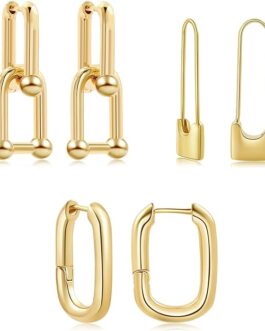 SLOONG 3 Pairs 14k Gold Plated Ball U Shape Pin Y2K Style Chunky Earring Link Chain Chunky Circle Hoop Earrings Paperclip Link Chain Jewelry Drop Dangle Earrings set for women teen girls