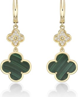 Black Onyx, Green Malachite or Mother of Pearl and Cubic Zirconia Flower Dangle Drop Earrings for Women in 925 Sterling Silver with Gold Plating Hinge Post by Lavari Jewelers