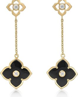 Black Onyx Flower Dangle Drop Earrings for Women in 925 Sterling Silver with Yellow Gold Plating Friction Back by Lavari Jewelers