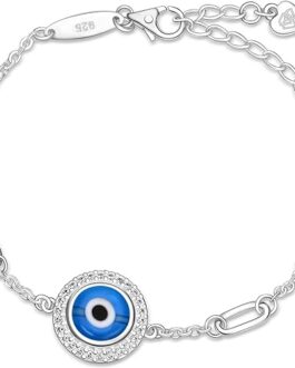 Greek Evil Eye Bracelet Turkey Sterling Silver, CZ Third Eye Bracelet for Women Men, Link Bracelet Amulet for Teen Girls Adjustable 6.5″ – 8″