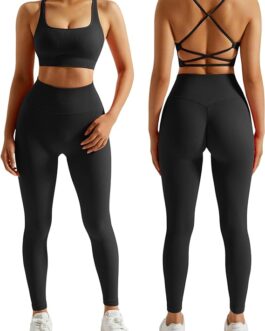 RXRXCOCO Ribbed Workout Sets for Women 2 Piece Backless Strappy Sports Bra Seamless Leggings Matching Set Yoga Outfits