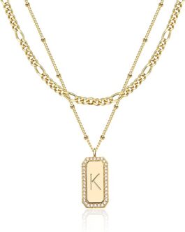 Gold Necklace for Women Figaro Chain Choker Necklace 2 Layered Set Initial Bar Rectangle Pendant Necklaces 14K Gold Plated Simple Dainty Letter Necklace Everyday Gold Jewelry