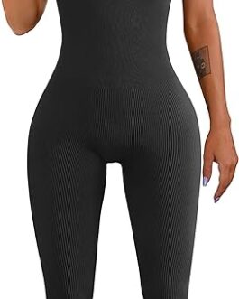 Women Workout Seamless Jumpsuit Yoga Ribbed Bodycon One Piece Square Neck Leggings Romper