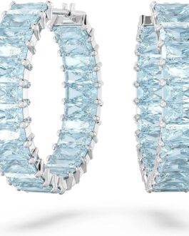 Swarovski Matrix Hoop Earrings with Princess Cut Blue Crystals on Rhodium Finished Setting, Part of the Matrix Collection