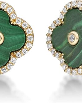 Black Onyx, Green Malachite or Mother of Pearl and Cubic Zirconia Flower Stud Earrings for Women in 925 Sterling Silver with Gold Plating Push Back 11 MM by Lavari Jewelers