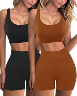 OLCHEE Women?s Sexy 2 Piece Workout Sets – Seamless Ribbed Legging Shorts and Sports Bra Yoga Activewear Set