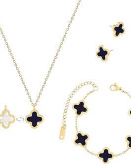 3 PCS Lucky Clover Jewelry Set, 18K Gold Plated Stainless Steel Necklace Pendant, Earrings, & Bracelet Ideal Gift For Women Teen Girls